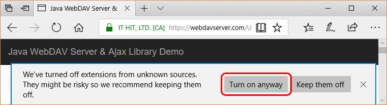 During next Edge start you will see a message about disabled extensions at the bottom of the Edge window and can enable it selecting "Turn on anyway".