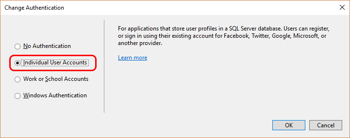 Select Individual User Accounts option in Change Authentication dialog
