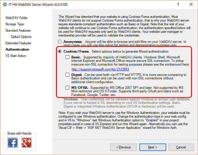 Select WebDAV Cookies authentication option. Make sure to uncheck Basic, Digest and MS-OFBA!