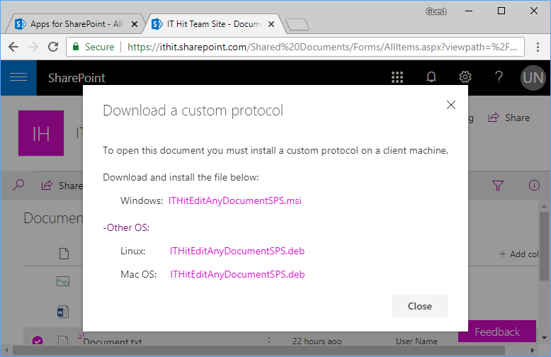 Protocol application download dialog.