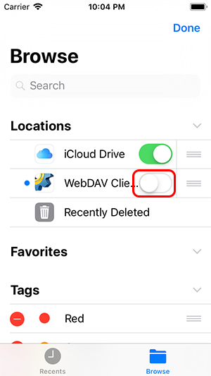Enable the WebDAV client iOS file provider extension