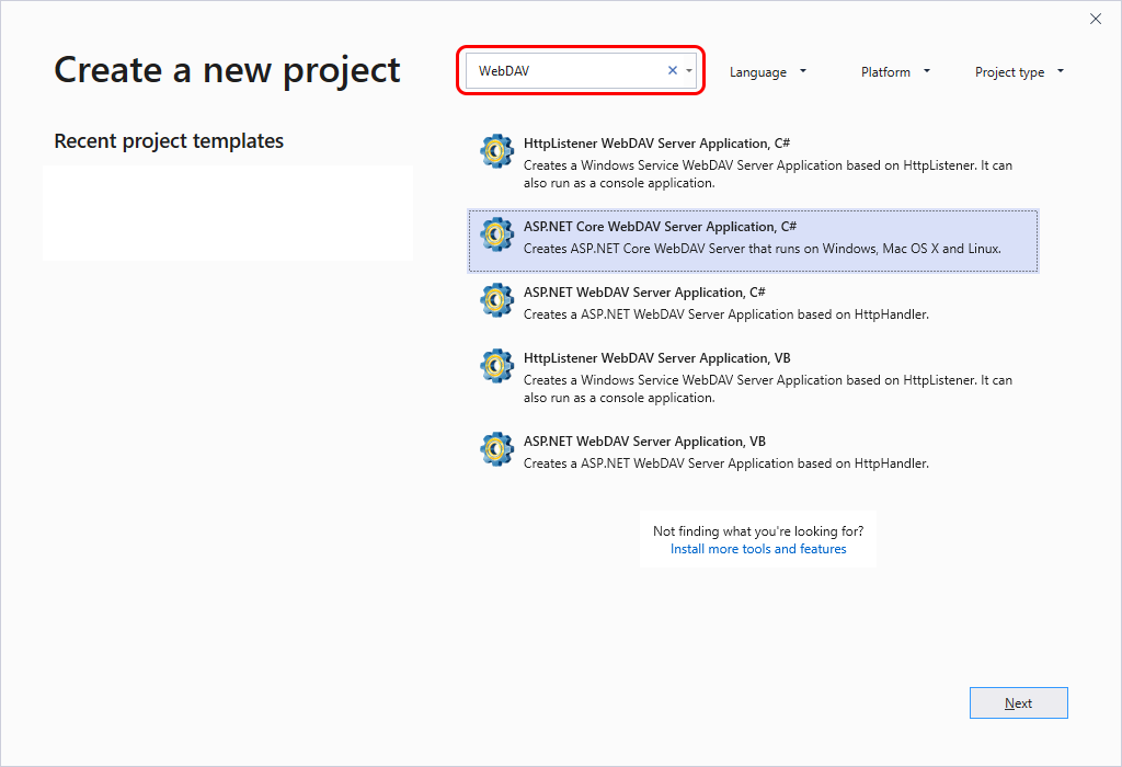 Search for WebDAV in Visual Studio Create New Project dialog