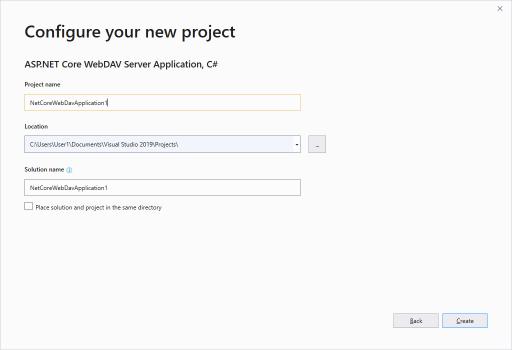 Specify WebDAV project name and location