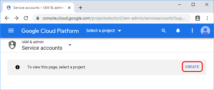 Select Create to create a new Google project.