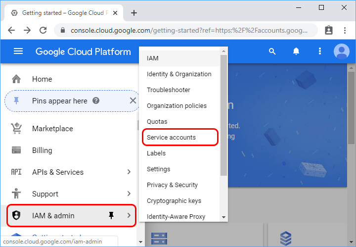 Create a new project in Google Cloud Platform. Select IAM & Admin->Service Accounts.