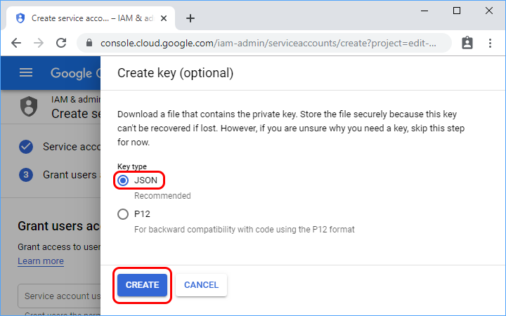 Select JSON and select Create.