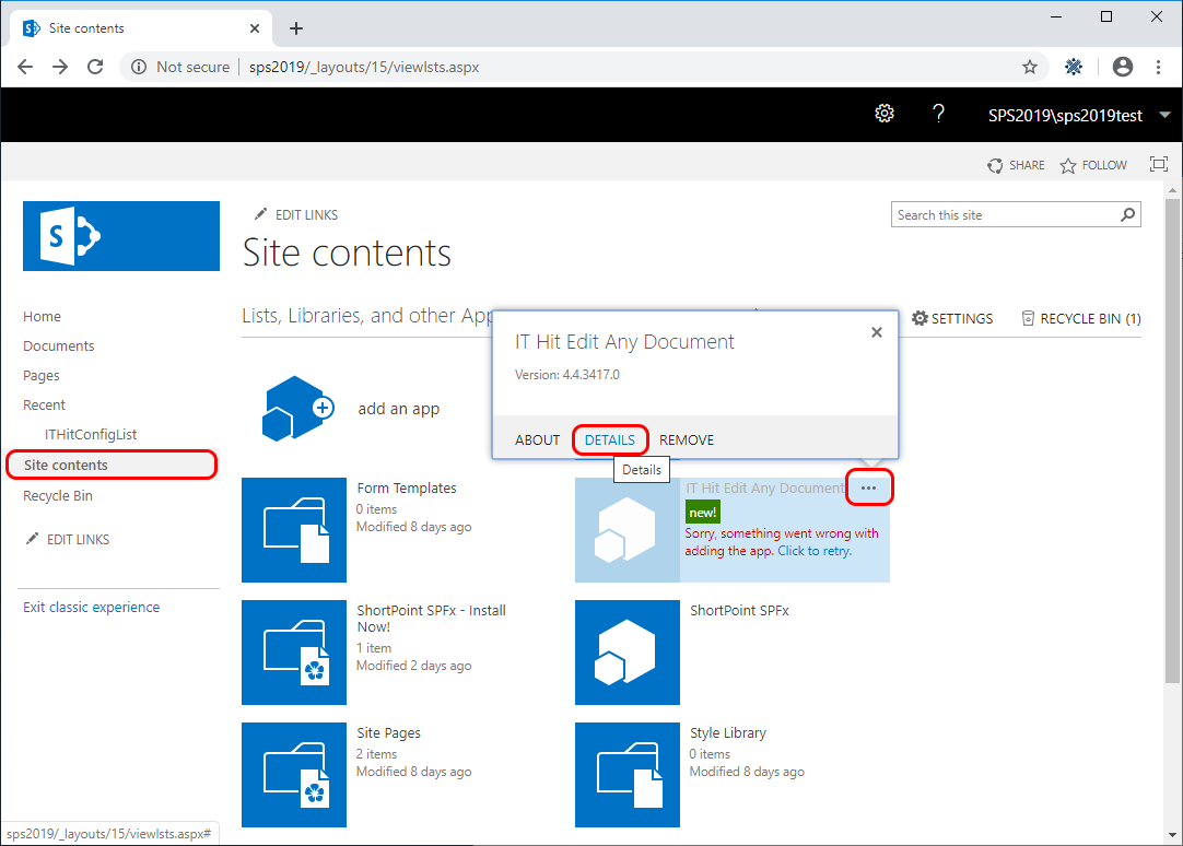 To excess error details select Site Content, select ... on SharePoint extension. Then select Details.