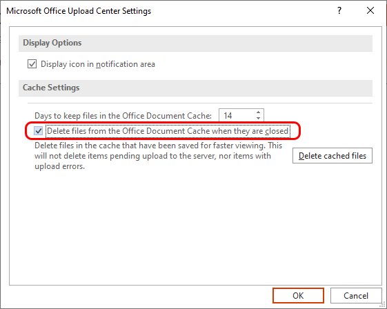 Select the "Delete files from the Office Document Cache when they are closed" checkbox in MS Office Upload Center.