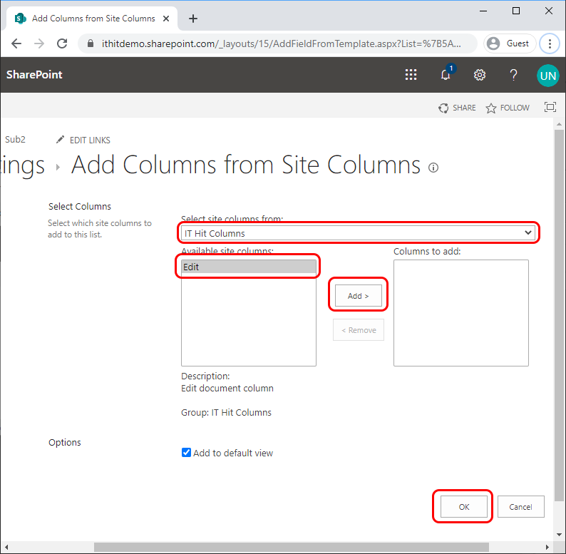 Select "IT Hit Columns" in the drop-down menu and select columns to add.