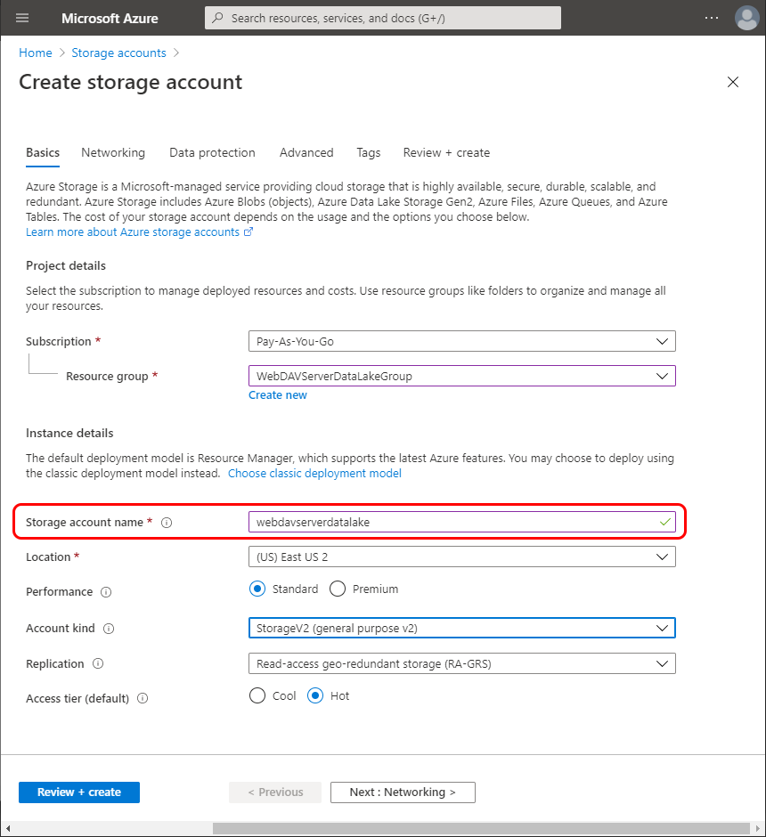 Fill your Blob Storage account name field.