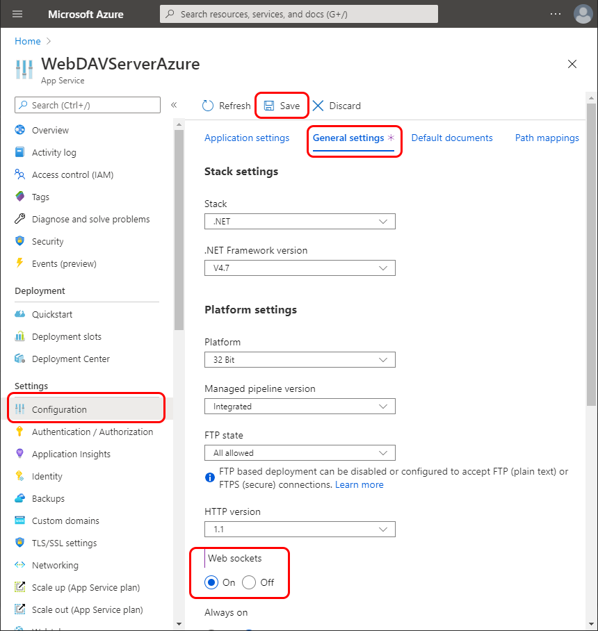 Enable web sockets in the Azure App Service Configuration on the General Settings tab