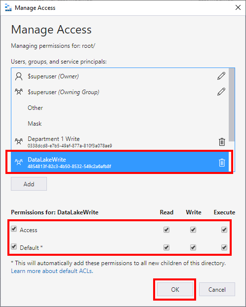 Grant permissions in Azure Data Lake on the root container.
