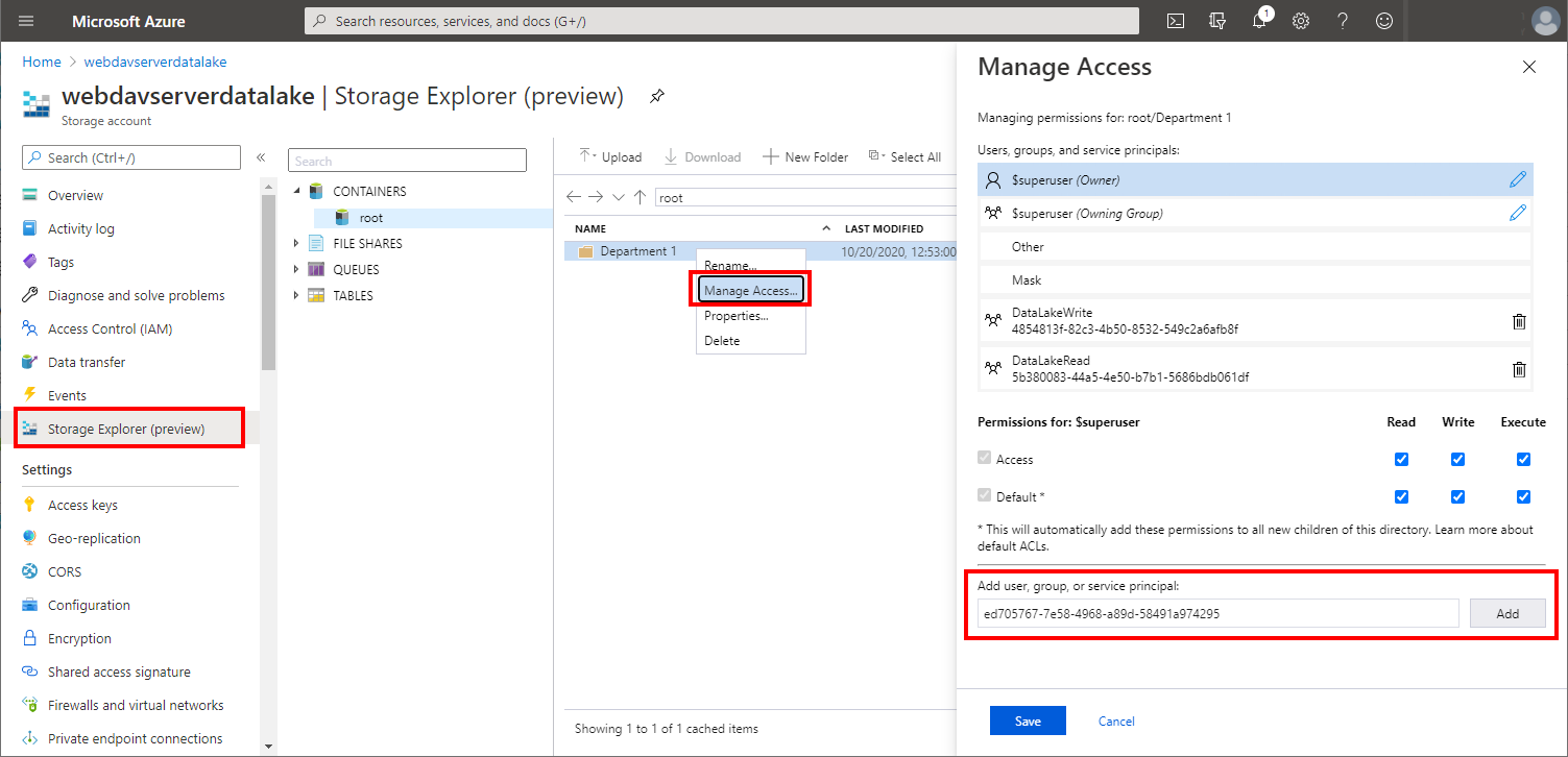 Enter the copied Object Id into Manage Access dialog on a folder in Storage Explorer