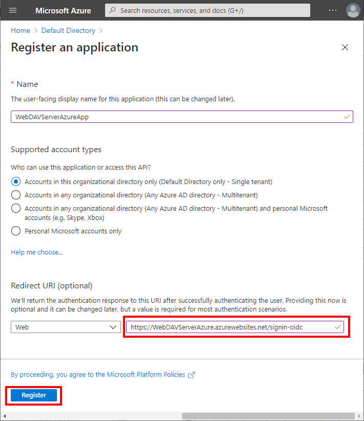 Redirect URI is required. Path must match the setting in CallbackPath setting in appsettings.webdav.json