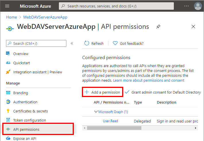 In API Permissions select Add a Permission.