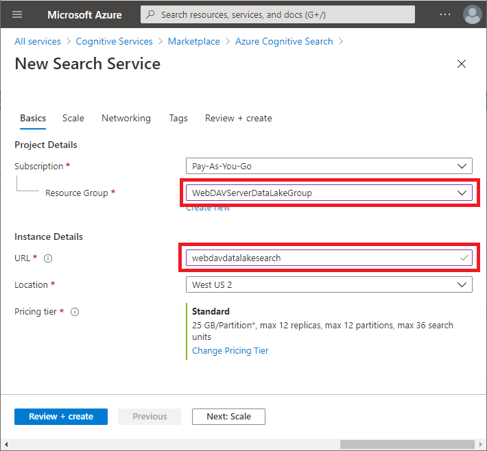 Specify Azure Resource Group and search service URL