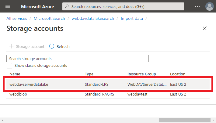 Storage account selection