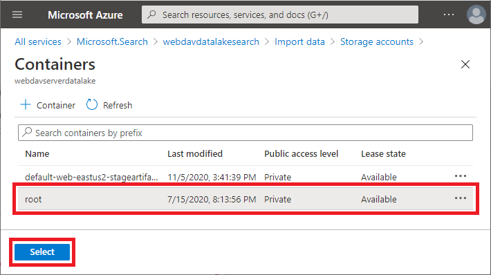 Select container inside your storage account