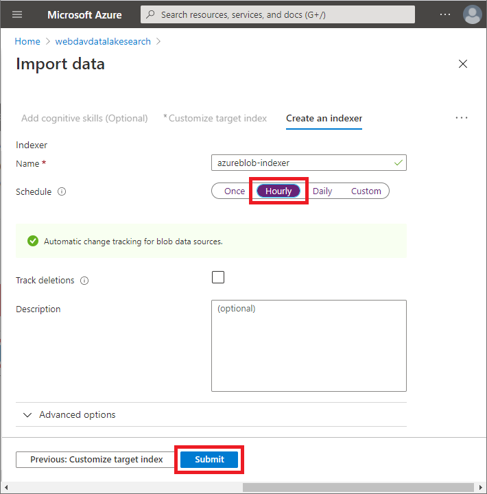 Select the Hourly schedule on the Create an indexer tab