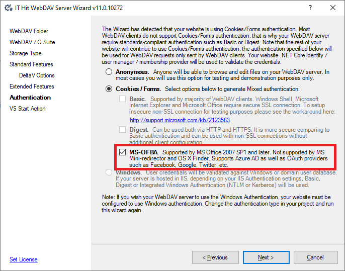 Select the MS-OFBA checkbox on Authentication step in the WebDAV wizard