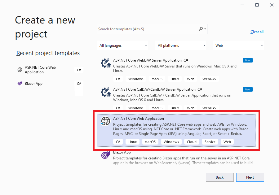 Create ASP.NET Core Web Application or Blazor Server App in Visual Studio