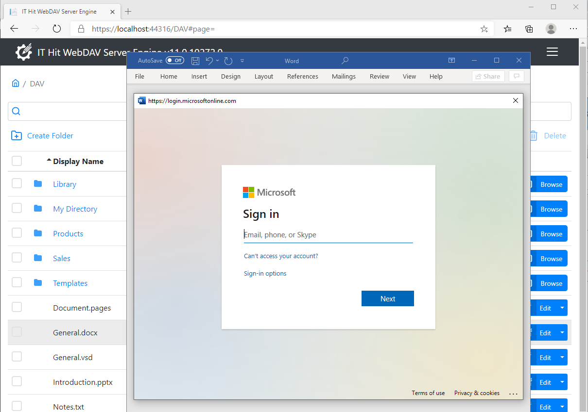 Microsoft Office MS-OFBA dialog displaying Azure AD login page