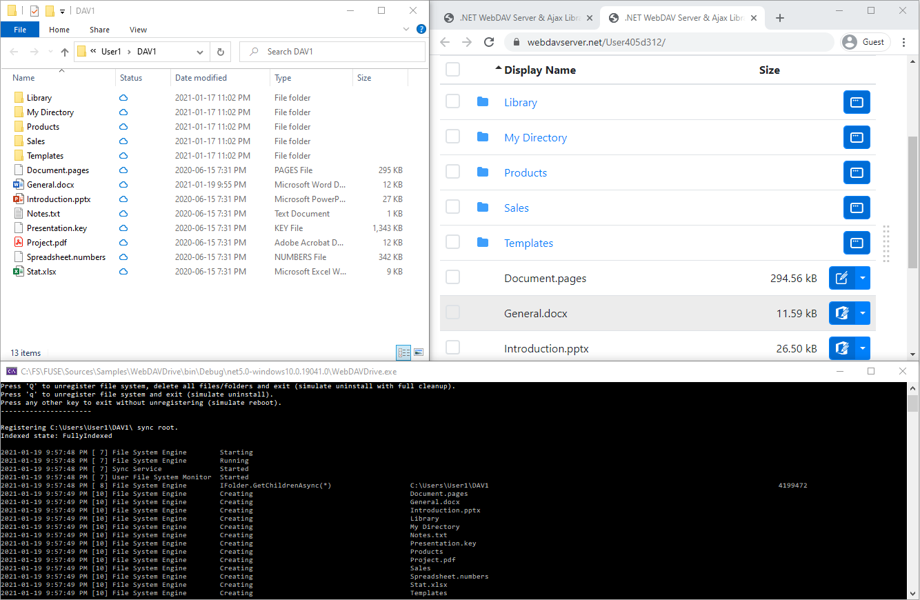 WebDAV Drive sample launches Windows File manager with mounted virtual file system displaying content of your WebDAV server