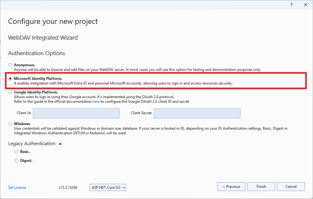 Microsoft Identity Platform (Entra ID, Azure AD) option in WebDAV Integrated Wizard for Visual Studio