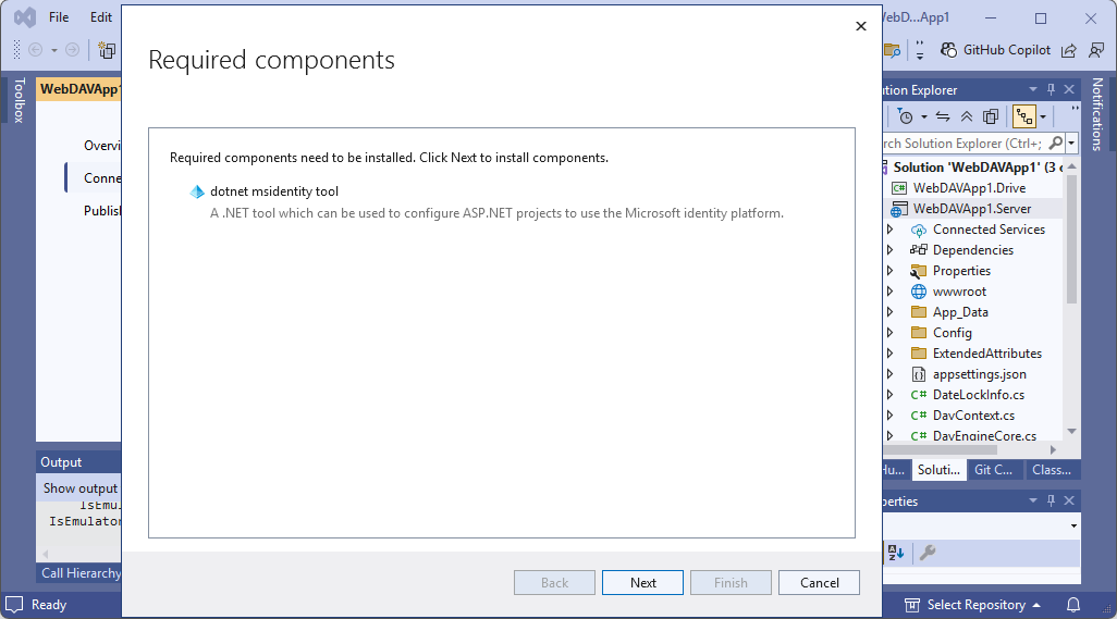 Connected Services screen with dotnet msidentity tool installation