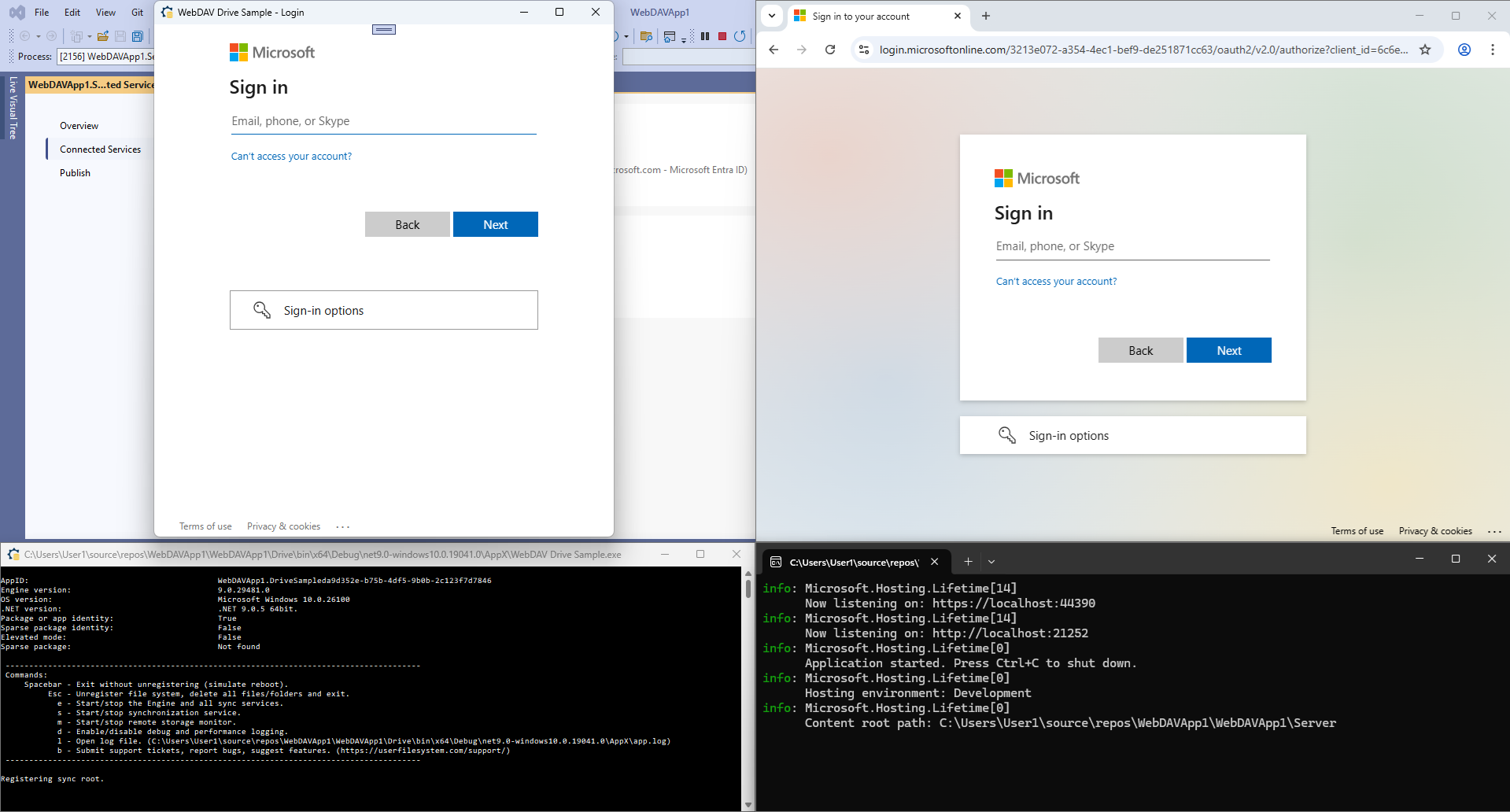 On your WebDAV Integrated project start the Drive project and Web UI will display the login to Entra ID (Azure AD) .