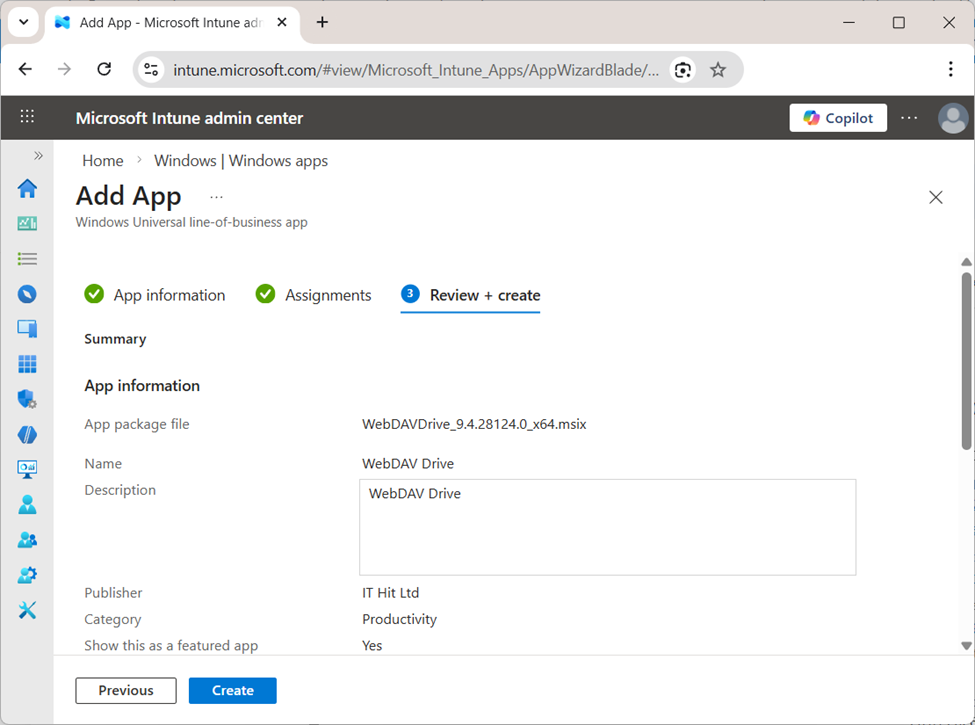 WebDAV Drive Intune MSIX deployment - review and create summary