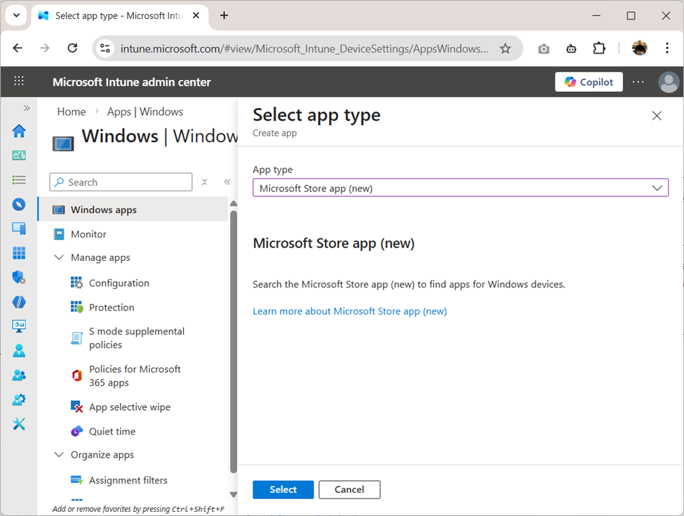 WebDAV Drive Intune Store deployment - selecting Microsoft Store app type