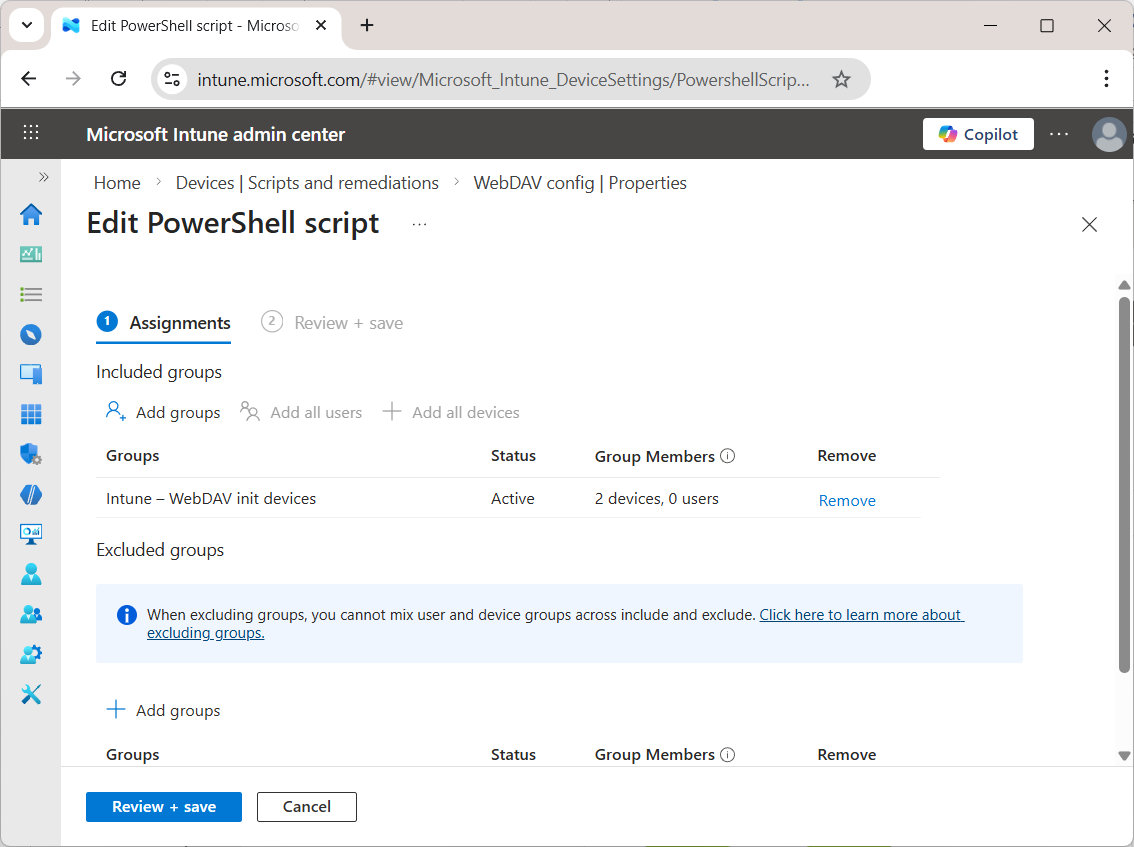 WebDAV Drive Intune deployment - script device group assignment
