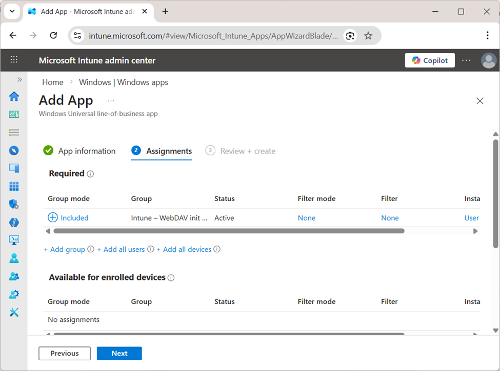 WebDAV Drive Intune MSIX deployment - app group assignment