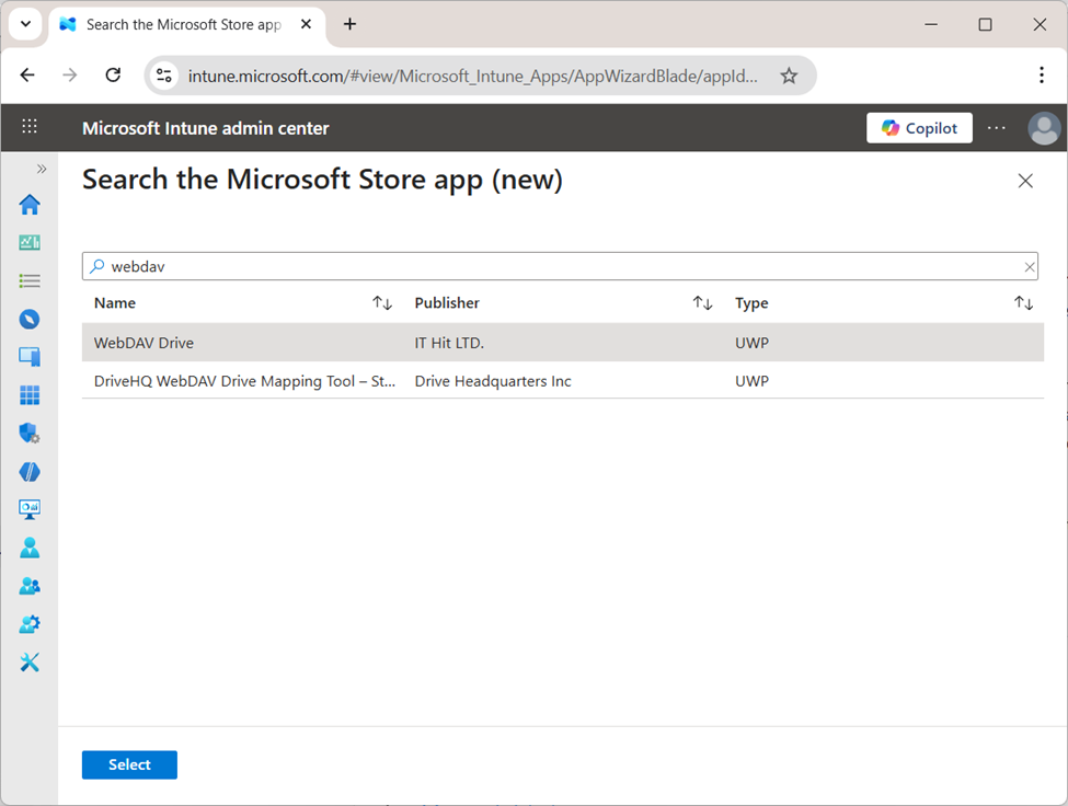WebDAV Drive Intune Store deployment - selecting WebDAV Drive from search results