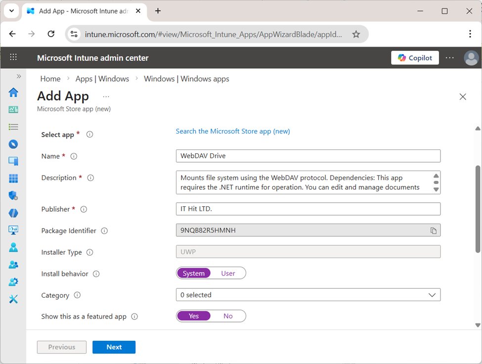 WebDAV Drive Intune Store deployment - app information and metadata