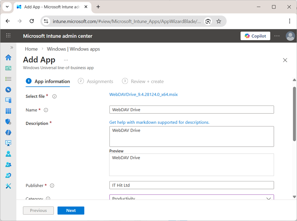 WebDAV Drive Intune MSIX deployment - app information and metadata